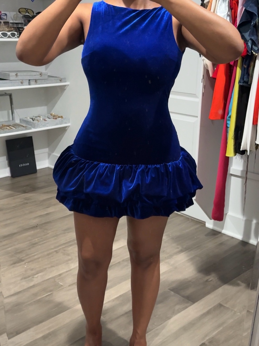 Royal Blue Velvet Ruffle Hem Mini Dress